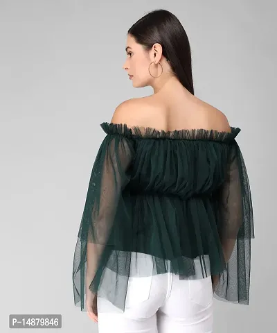 absorbing Women Net Off-Shoulder Dark Green Top-thumb3