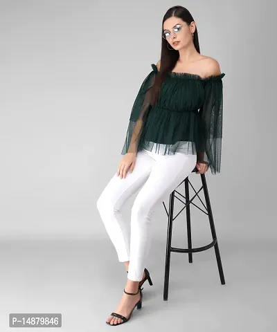 absorbing Women Net Off-Shoulder Dark Green Top-thumb5