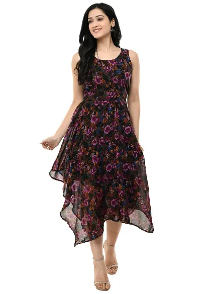 Glamorous Georgette Calf Length Floral Flared Dress For Women