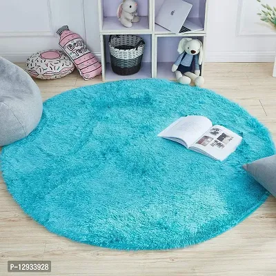 Shopgallery Modern Polyester Anti Slip Round Shaggy Fluffy Fur Rug and Carpet for Runner,Kalin for Bedroom/Dinning Hall/Living Room,Round Carpets for Home ( 2 X 2 Feet , Aqua )-thumb3