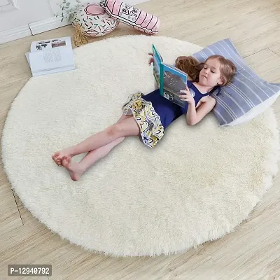 Shopgallery Modern Polyester Anti Slip Round Shaggy Fluffy Fur Rug and Carpet for Runner,Kalin for Bedroom/Dinning Hall/Living Room,Round Carpets for Home ( 2 X 2 Feet , Beige )