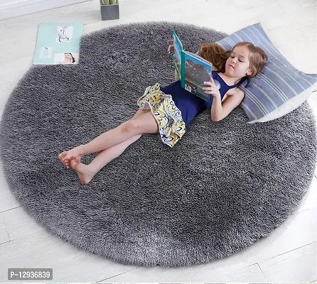 Polyester Anti Slip Round Shaggy Fluffy Fur Rug And Carpet For Runner Kalin For Bedroom Dinning Hall Living Room Round Carpets For Home 2 X 2 Feet Dark Grey