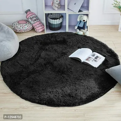 Shopgallery Modern Polyester Anti Slip Round Shaggy Fluffy Fur Rug and Carpet for Runner,Kalin for Bedroom/Dinning Hall/Living Room,Round Carpets for Home ( 2 X 2 Feet , Black )