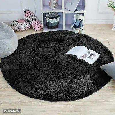 Shopgallery Modern Polyester Anti Slip Round Shaggy Fluffy Fur Rug and Carpet for Runner,Kalin for Bedroom/Dinning Hall/Living Room,Round Carpets for Home ( 2 X 2 Feet , Black )-thumb3