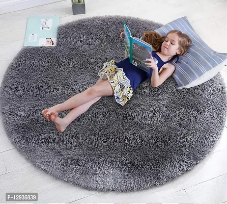 Polyester Anti Slip Round Shaggy Fluffy Fur Rug And Carpet For Runner Kalin For Bedroom Dinning Hall Living Room Round Carpets For Home 2 X 2 Feet Dark Grey-thumb2