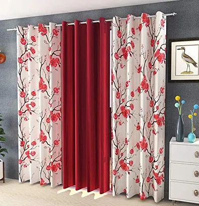 Soulful Creations 3 Piece Combination Polyester Floral Curtains (Modern, Maroon Floral, Long Door 9 FEET)