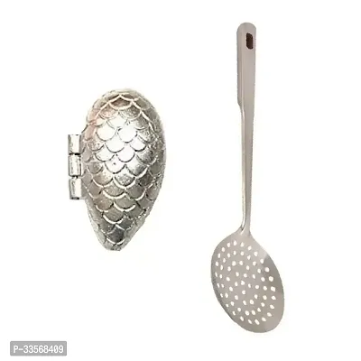 Useful Aluminum Momo Mold Sancha And SS Cooking Spoon Strainer With Long Handle-Set Of 2-thumb0