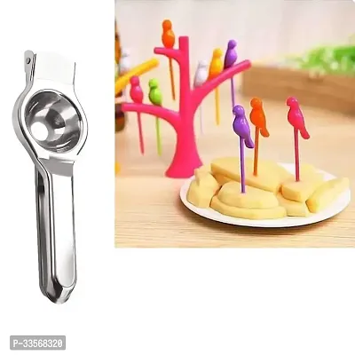 Useful Stainless Steel Lemon Squeezer And 6 Pieces Plastic Bird Fruit Fork Set With Stand-Set Of 2-thumb0