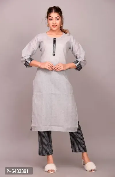 Stylish Grey Khadi Cotton Self Design Kurta Pant Set For Women-thumb0