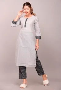 Stylish Grey Khadi Cotton Self Design Kurta Pant Set For Women-thumb1