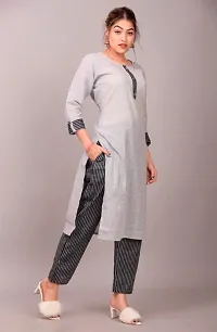 Stylish Grey Khadi Cotton Self Design Kurta Pant Set For Women-thumb2