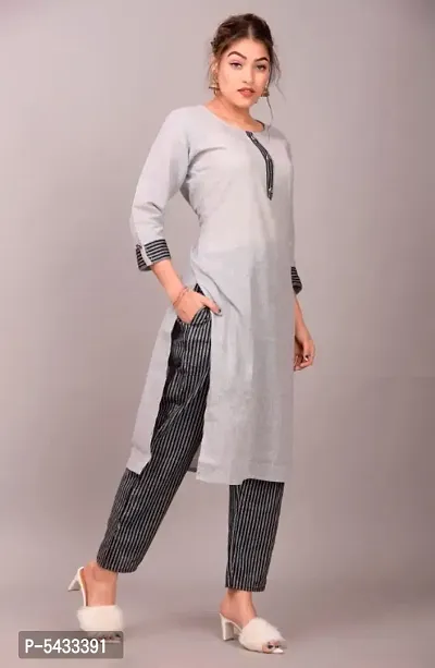 Stylish Grey Khadi Cotton Self Design Kurta Pant Set For Women-thumb3