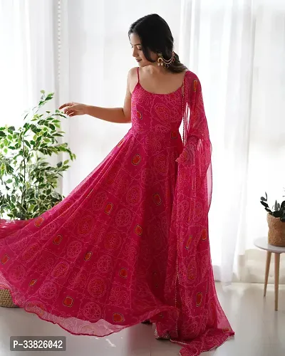 Stylish Pink Printed Georgette Gown With Dupatta-thumb0