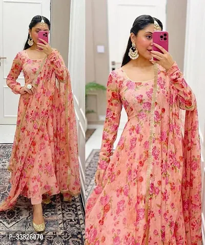 Stylish Pink Printed Georgette Gown With Dupatta-thumb2