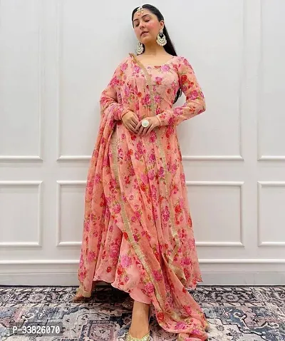 Stylish Pink Printed Georgette Gown With Dupatta-thumb0