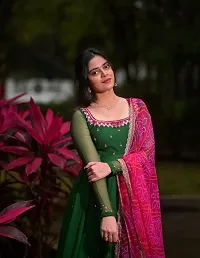 Stylish Green Embroidered Georgette Gown With Dupatta-thumb2