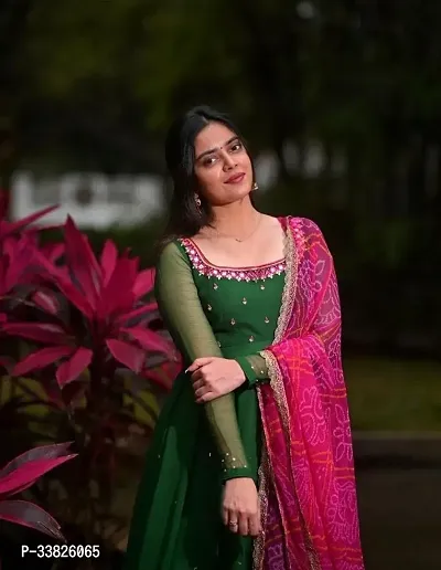 Stylish Green Embroidered Georgette Gown With Dupatta-thumb3