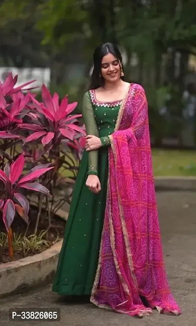 Stylish Green Embroidered Georgette Gown With Dupatta-thumb0