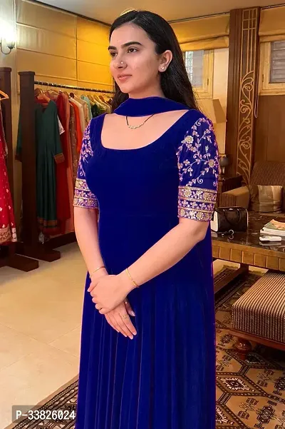 Stylish Navy Blue Embroidered Georgette Gown With Dupatta