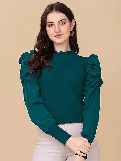 Solid High Neck Top with Puff Sleeve