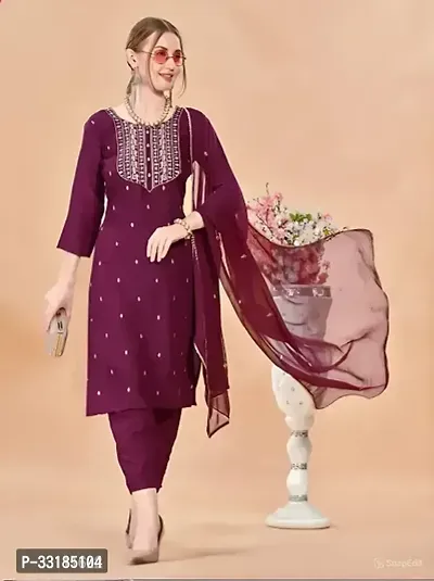 Stylish Maroon Rayon Slub Kurta, Bottom And Dupatta Set For Women-thumb0