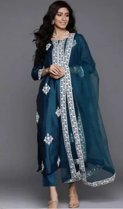 Stylish Fancy Rayon Slub Kurta With Bottom Wear And Dupatta Set For Women