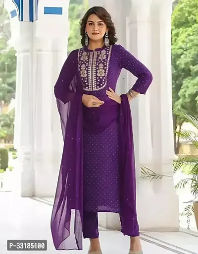 Stylish Purple Rayon Slub Kurta, Bottom And Dupatta Set For Women-thumb0