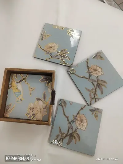 Brown Flowers Design Enamel Mdf Coasters With Case (Set Of 6) Grey Colour