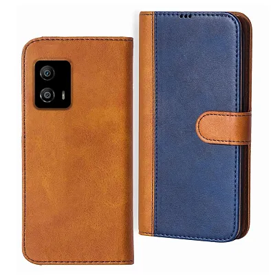 Knotyy Faux Leather Flip Cover Case Back Cover for Moto G73 5G Foldable Stand | Cards Pockets Inside | Shockproof 360 Degree Protect | Magnetic Clutch Flip Cover (Blue and Brown)