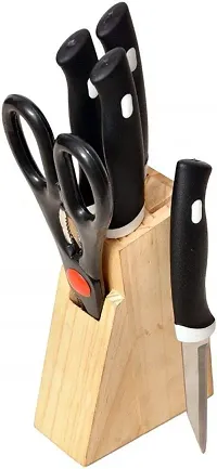 Kitchen Knife Set with Wooden Block and Scissors Steel Knife Set  (Pack of 6)-thumb1