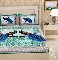 AC FASHION 104 TC Cotton Classic Rajasthani Jaipuri Traditional Sanganeri Peacock Print Bedsheet with 2 Pillow Covers (Green, Double )-thumb1