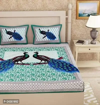 AC FASHION 104 TC Cotton Classic Rajasthani Jaipuri Traditional Sanganeri Peacock Print Bedsheet with 2 Pillow Covers (Green, Double )-thumb2