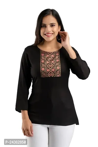 AC FRIENDSHIP CREATION Black Solid Rayon Printed Border Top-thumb0