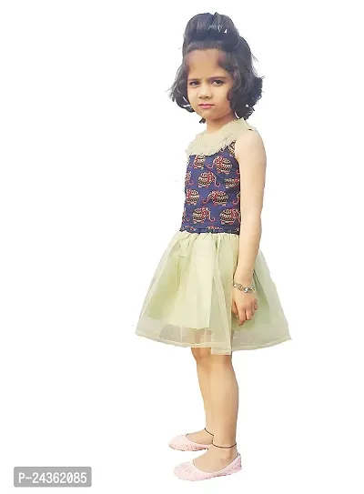 AC FASHION Girl's Cotton Yellow Printed Top with Sky Blue Net Skirt-thumb4