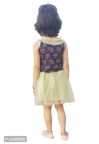 AC FASHION Girl's Cotton Yellow Printed Top with Sky Blue Net Skirt-thumb3