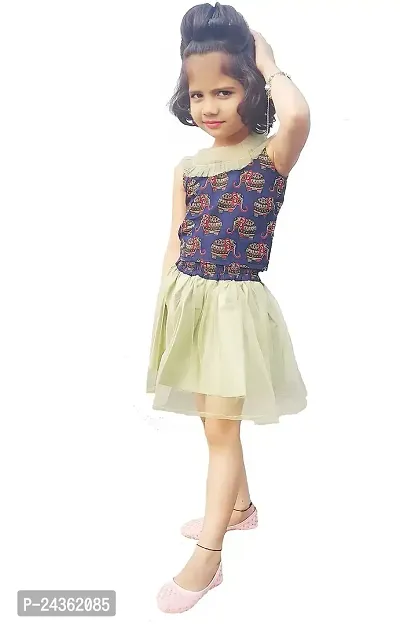 AC FASHION Girl's Cotton Yellow Printed Top with Sky Blue Net Skirt