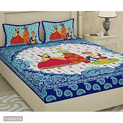 AC FASHION Rajasthani Jaipuri Traditional Sanganeri Print Dandiya 104 TC 100% Cotton Double Size Bedsheet with 2 Pillow Covers-thumb0