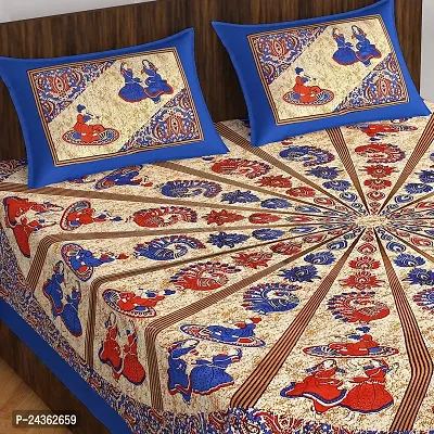 AC FASHION Rajasthani Jaipuri Traditional Sanganeri Print 104 TC 100% Cotton Double Size Bedsheet with 2 Pillow Covers (Blue 1)