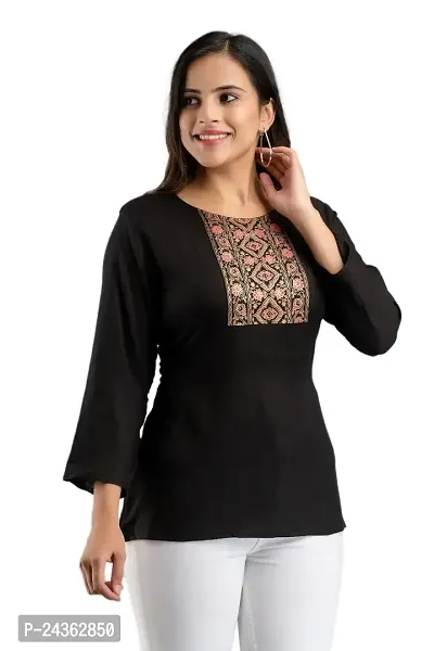 AC FRIENDSHIP CREATION Black Solid Rayon Printed Border Top-thumb3