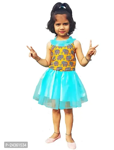 AC FASHION Girl's Cotton Yellow Printed Top with Sky Blue Net Skirt