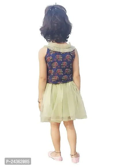 AC FASHION Girl's Cotton Yellow Printed Top with Sky Blue Net Skirt-thumb2