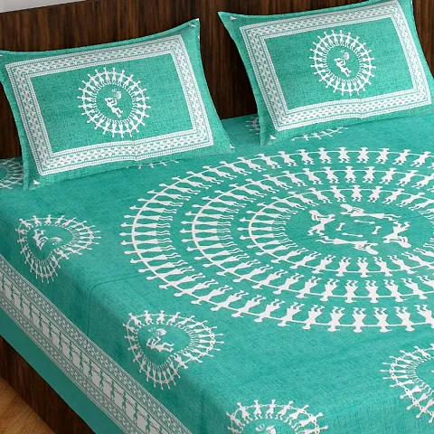 Queenie Brand Cotton Comfort 144 TC Rajasthani Jaipuri Traditional Double Bed Bedsheet with 2 Pillow-BD-WORLLI-CG