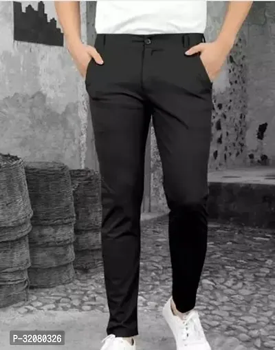 Comfortable Black Cotton Spandex Mid-Rise Trouser For Men-thumb0