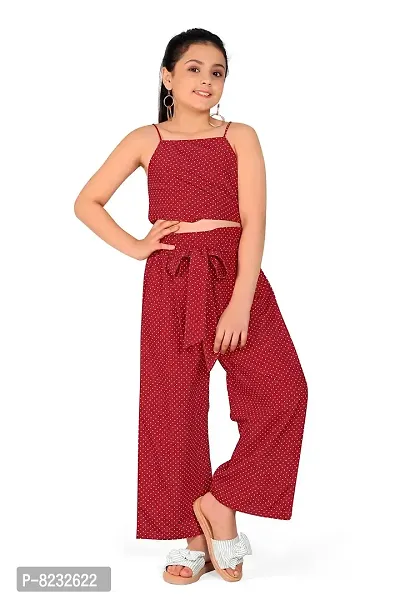 Fashion Dream Girl?۪s Maroon Polyester Blend Crop Top with Pant Set
