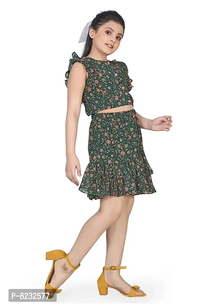 Fashion Dream Girl?۪s Dark Green Pinafore Georgette Top with Asymmetric Skirt Clothing Set