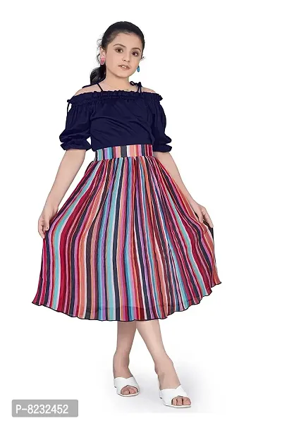 Fashion Dream Girl?۪s Navy Blue Lycra Top with Accordion Pleated Georgette Skirt Clothing Set-thumb5