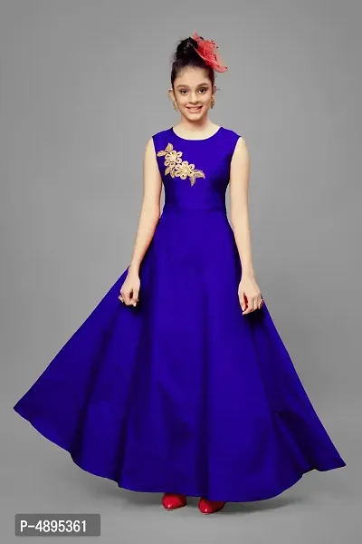 Stylish Satin Blue Embroidered Long Dress For Girls