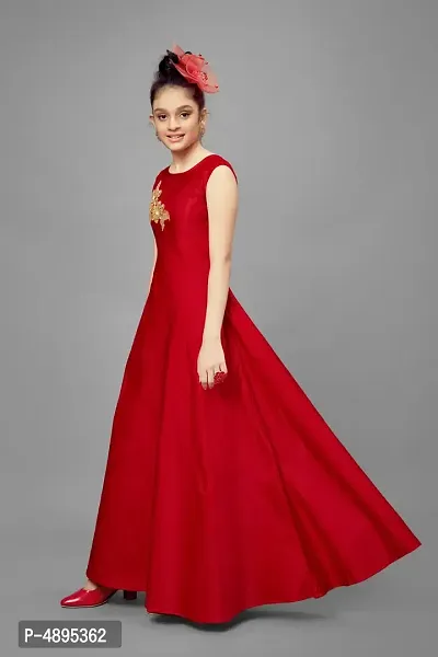 Stylish Satin Red Embroidered Long Dress For Girls-thumb3