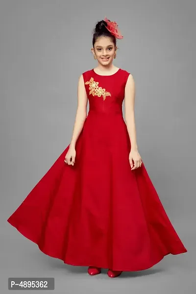 Stylish Satin Red Embroidered Long Dress For Girls-thumb0