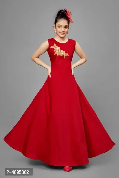 Stylish Satin Red Embroidered Long Dress For Girls-thumb4